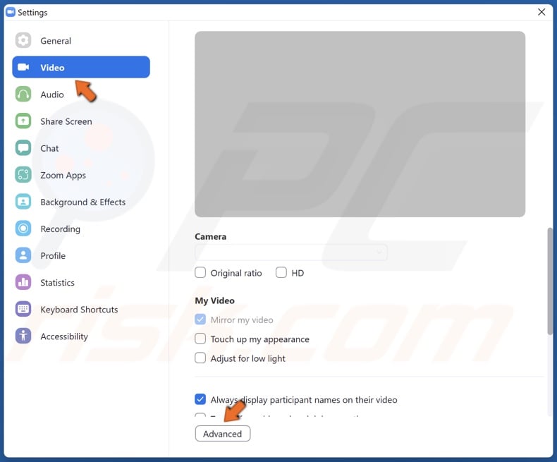 Select Video and click Advanced
