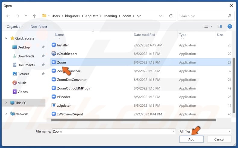 Select Zoom.exe and click Add