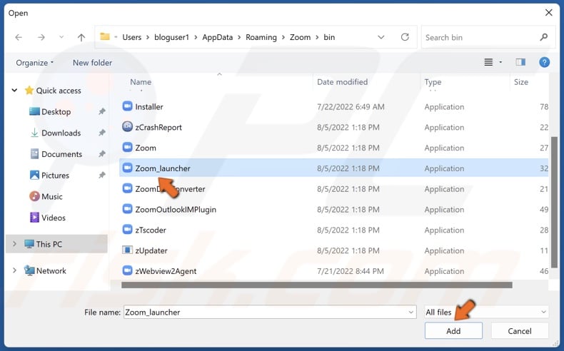 Select Zoom_launcher.exe and click Add