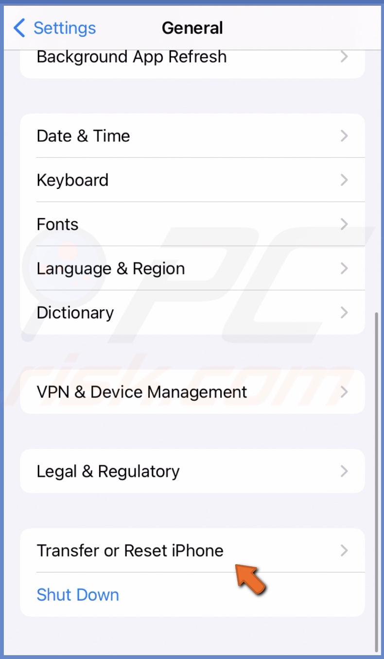 Tap Transfer or Reset iPhone