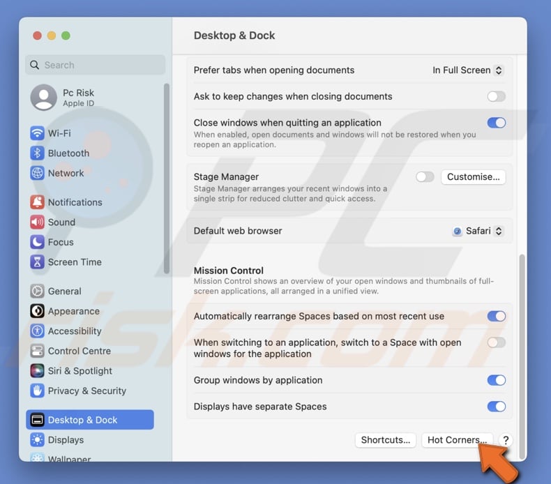 Click on Hot Corners