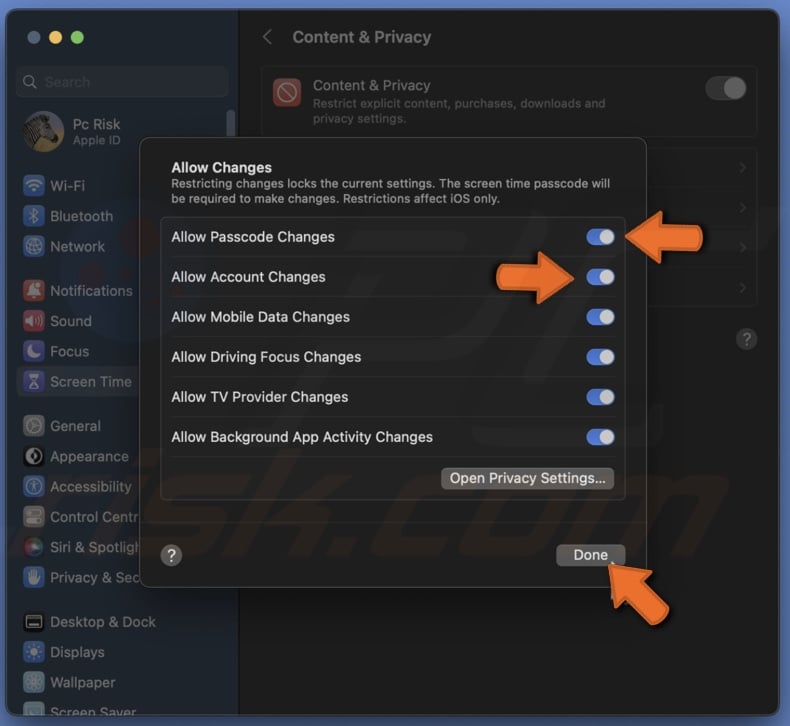 Allow passcode and account changes