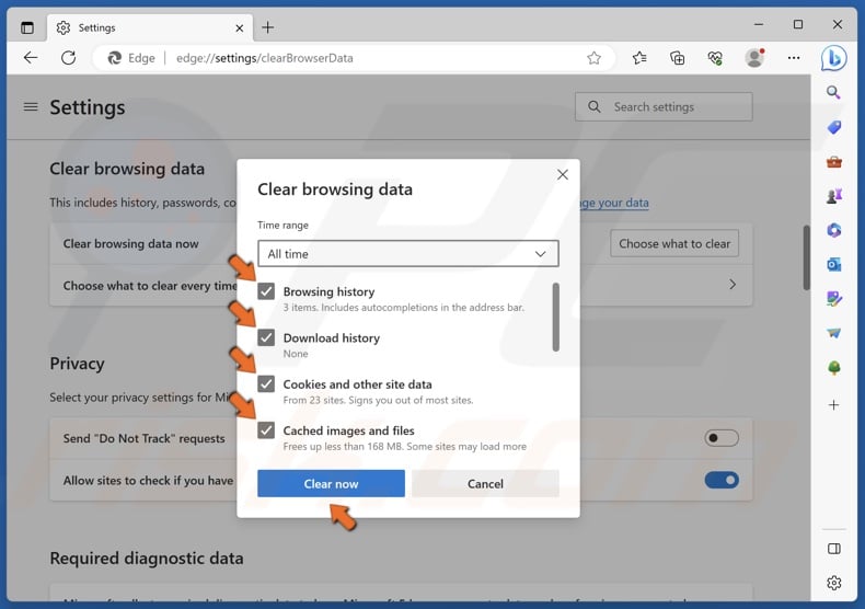Mark the Browsing history, Download history, Cookies and other site data, and Cached images and files checkboxes and click Clear now