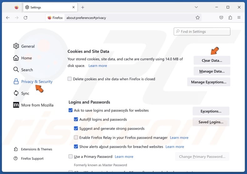 Select the Privacy & security panel and click Clear data