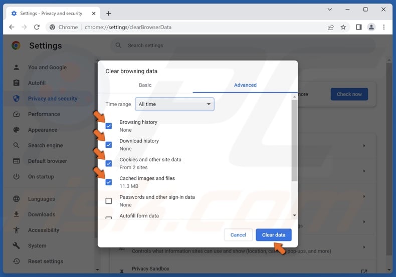 Mark the Browsing history, Download history, Cookies and other site data, and Cached images and files checkboxes and click Clear data