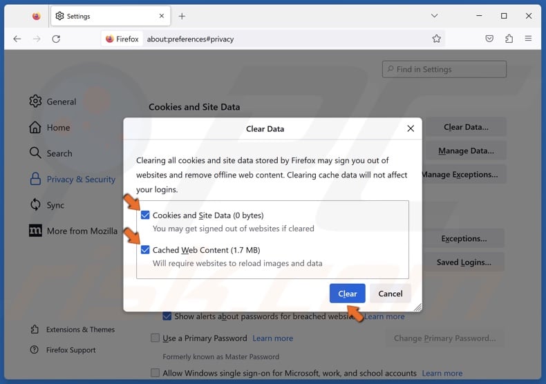 Mark the Cookies and Site Data and Cached Web Content checkboxes and click Clear