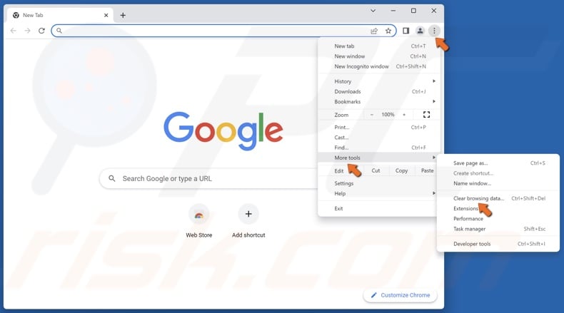 Click the three-dot button at the top-right corner, select More tools, and click Clear browsing data