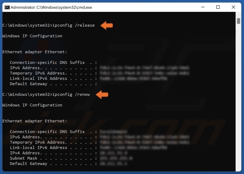 Run the ipconfig /release and ipconfig /renew commands
