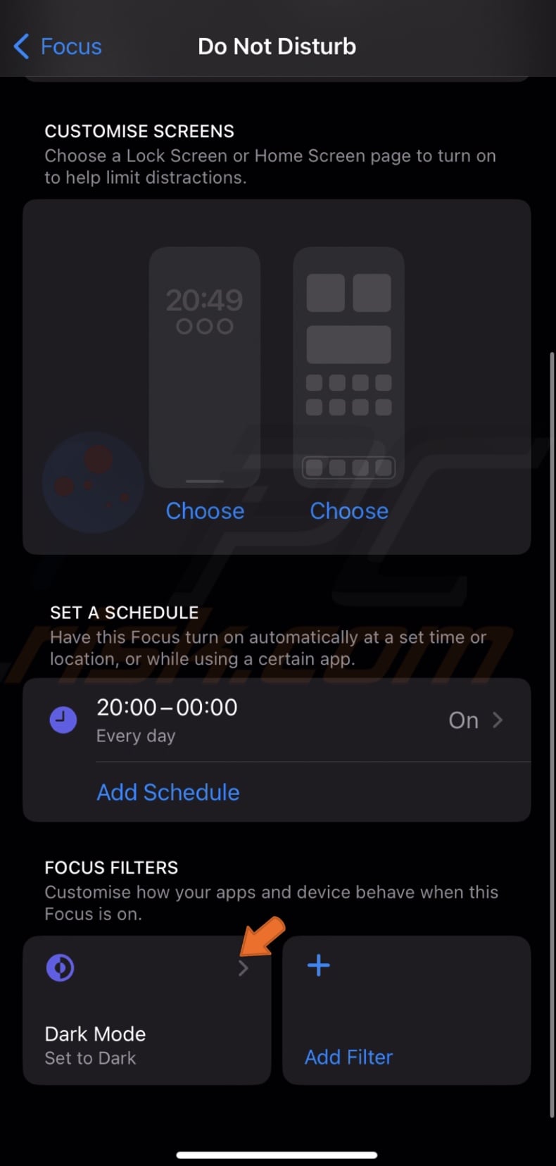 Under Focus Filters, tap on Dark Mode