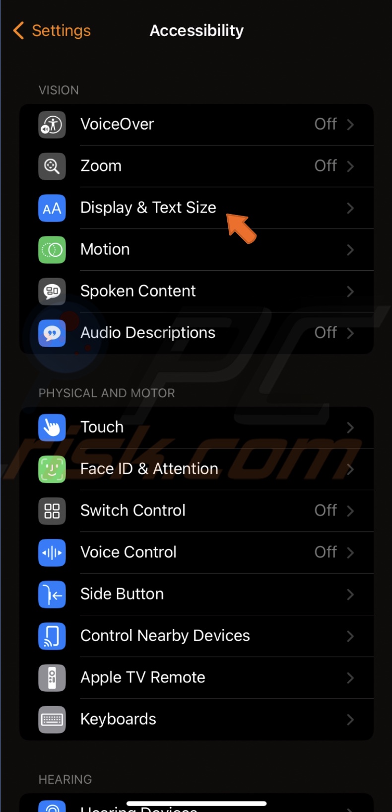 Tap Display & Text Size