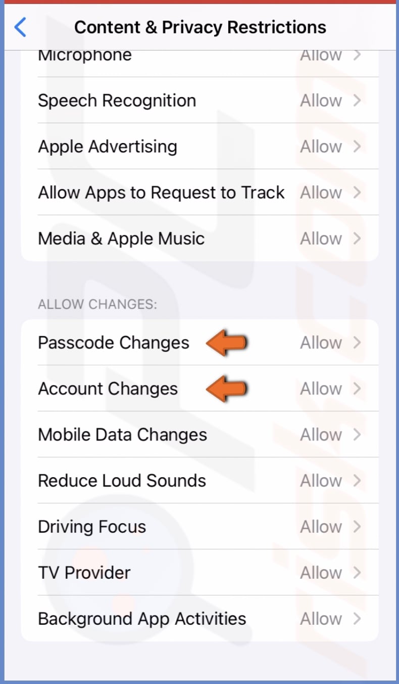 Allow passcode and account changes
