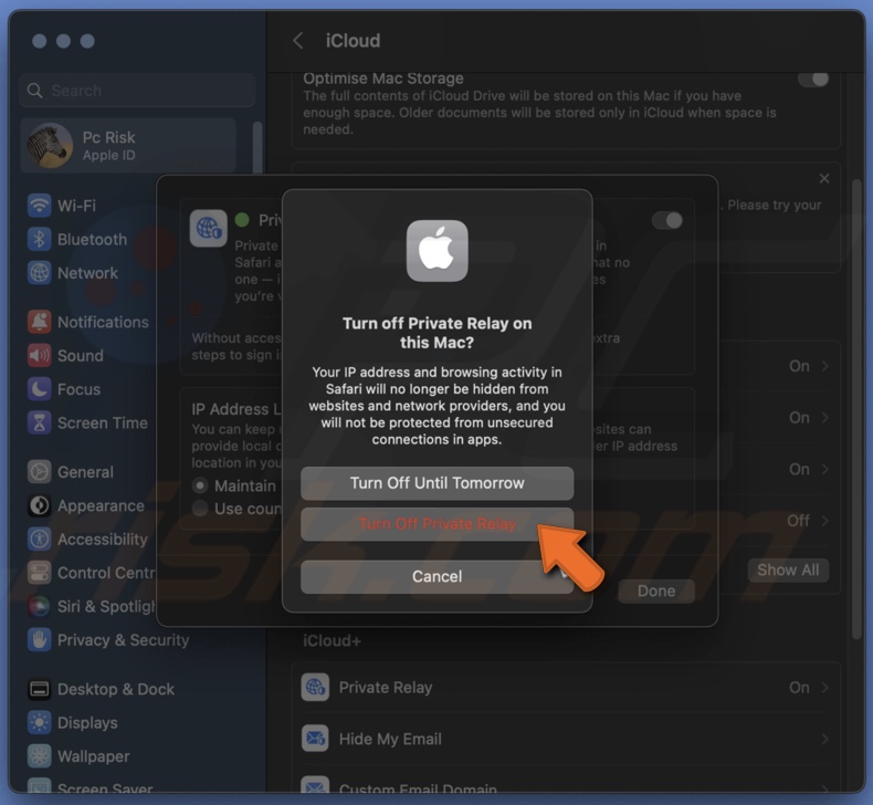 Turn off Private Relay