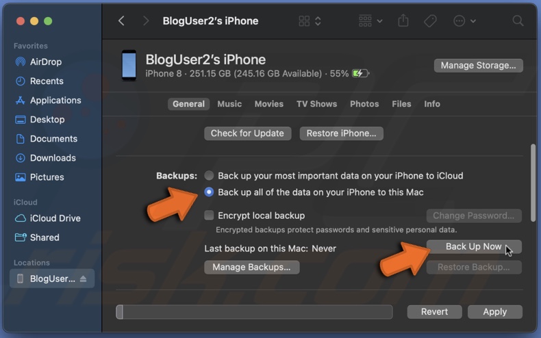 Click on Back Up Now