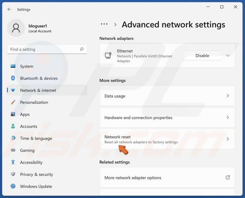 Select Network reset