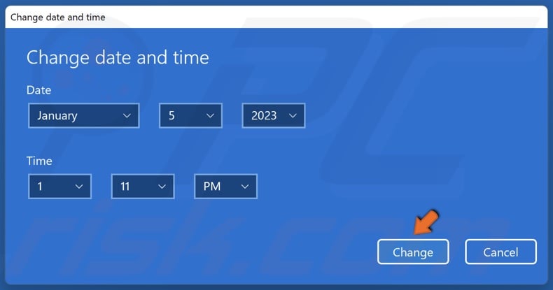 Set the correct time and date and click Change