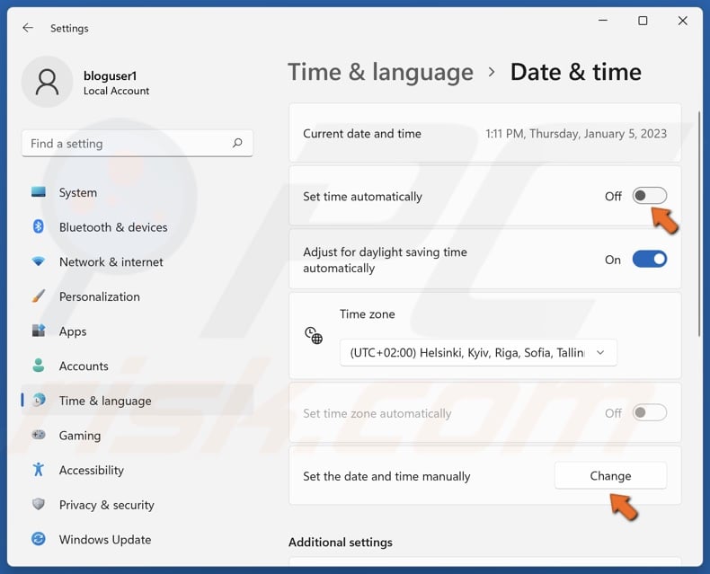 Toggle off Set time automatically and click Change