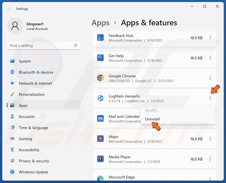 Click three dots next to LogMeIn Hamachi and click Uninstall