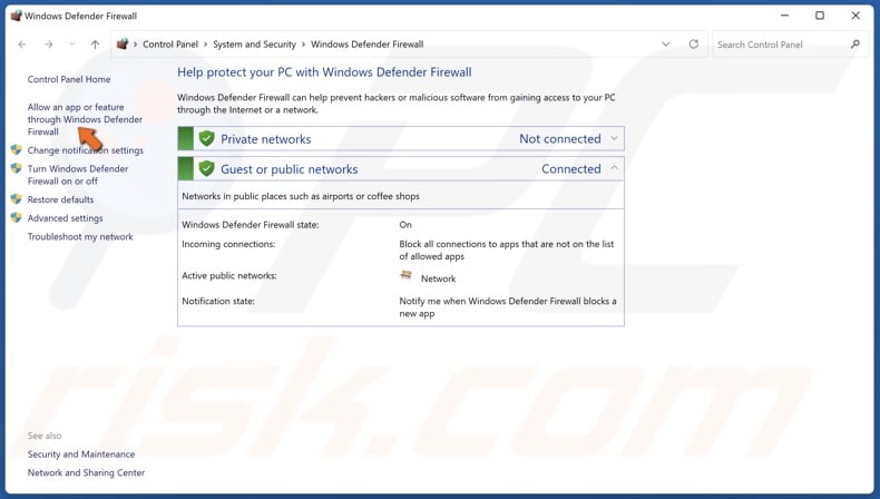 Click Allow an app or feature through Windows Defender Firewall