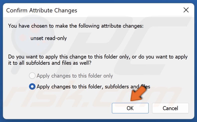 Click OK to unset the Read-only attribute