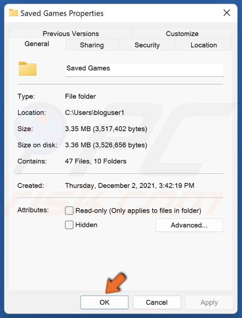 Click OK to close the Properties window