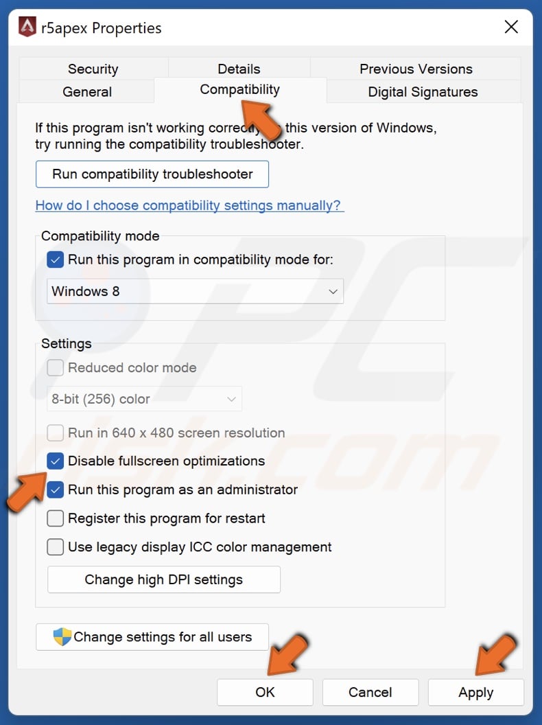Mark the Disable fullscreen optimizations checkbox