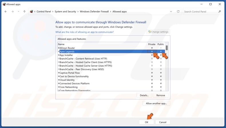 Mark the Private and Public checkboxes next to Apex Legends and click OK