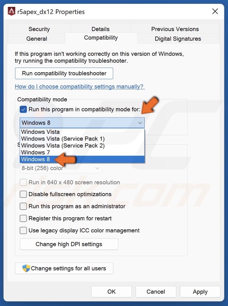 Open the compatibility menu and select Windows 7 or 8