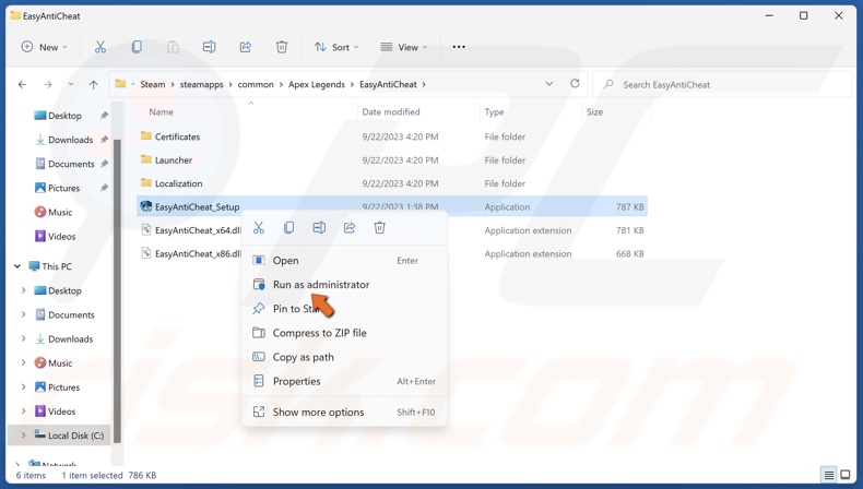 Right-click EasyAntiCheat_Setup.exe and click Run as administrator