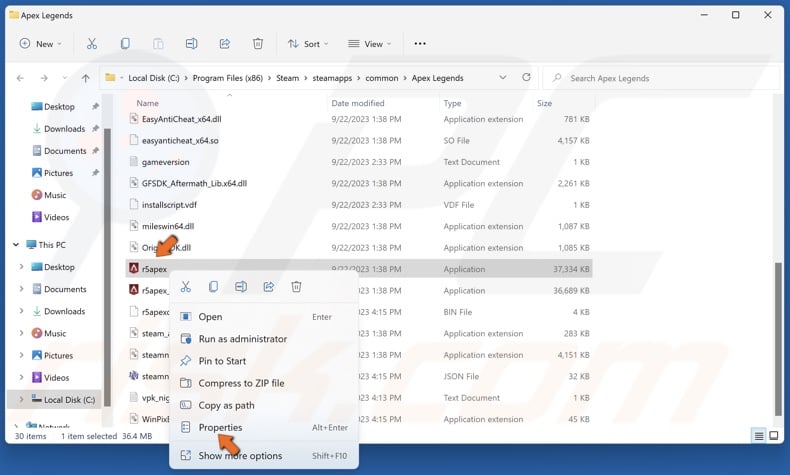 Right-click r5apex.exe and click Properties