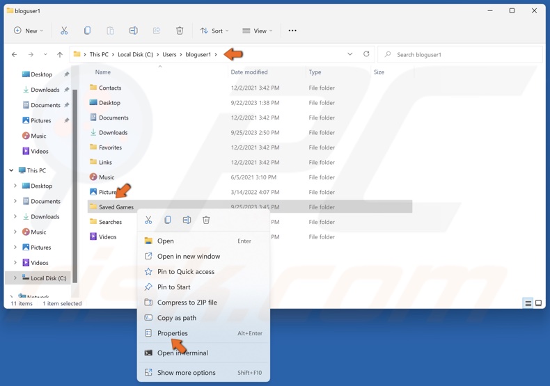 Right-click the Saved Games folder and click Properties