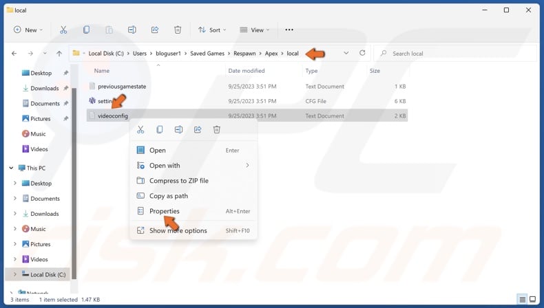 Right-click the videoconfig.txt file and click Properties