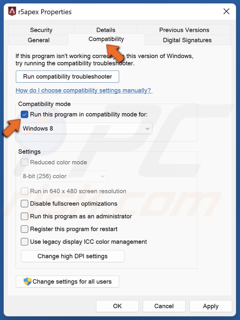 Mark the Run this program in compatibility mode for checkbox