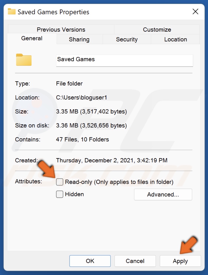 Uncheck the Read-only attribute for the Saved Games folder and click Apply
