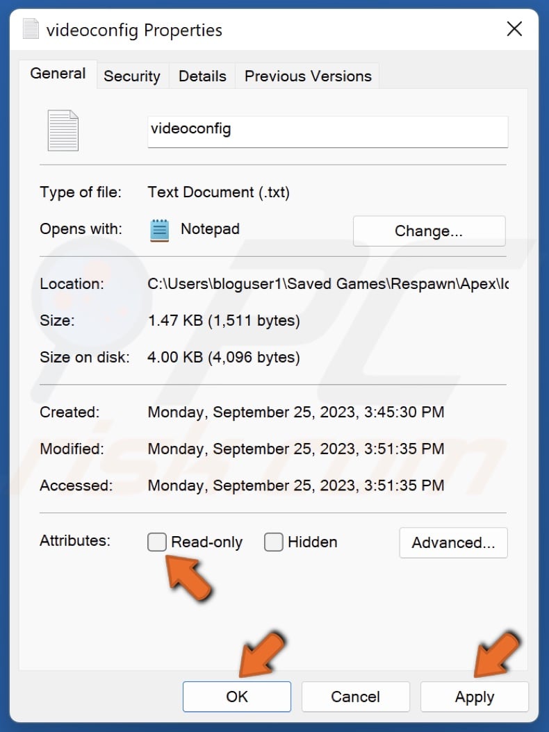 Uncheck the Read-only attribute for videoconfig and click Apply and click OK