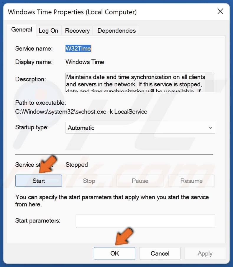 Click Start and click OK