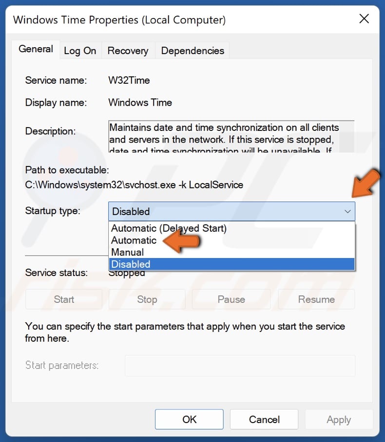 Open the Startup type drop-down menu and select Automatic