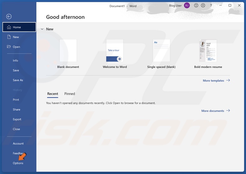 Select Options in the left pane