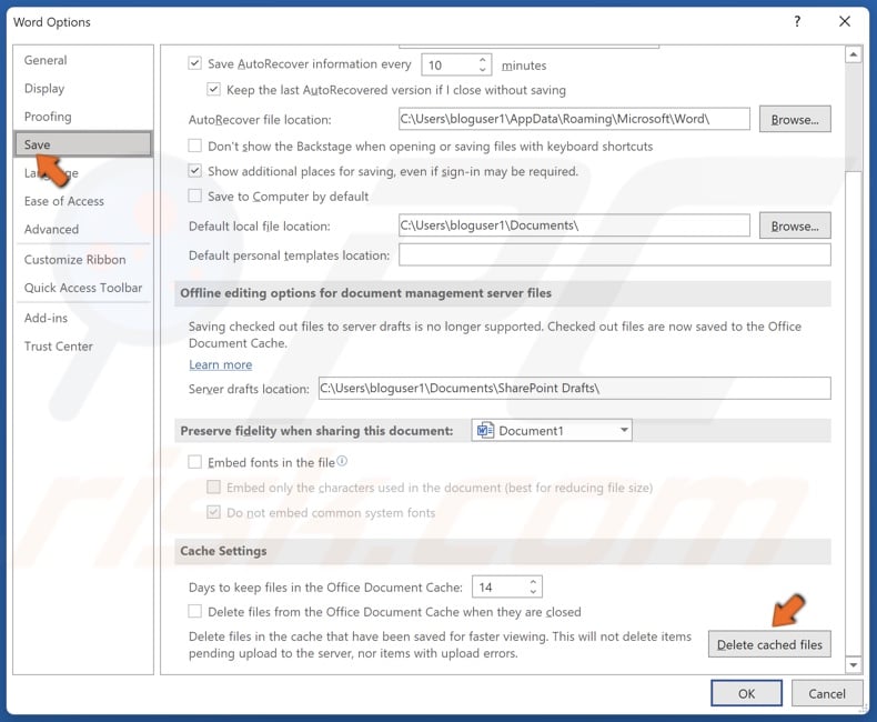 Select the Save panel and click Delete cached files