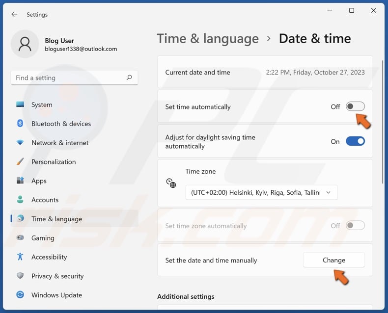 Toggle off Set time automatically and click Change