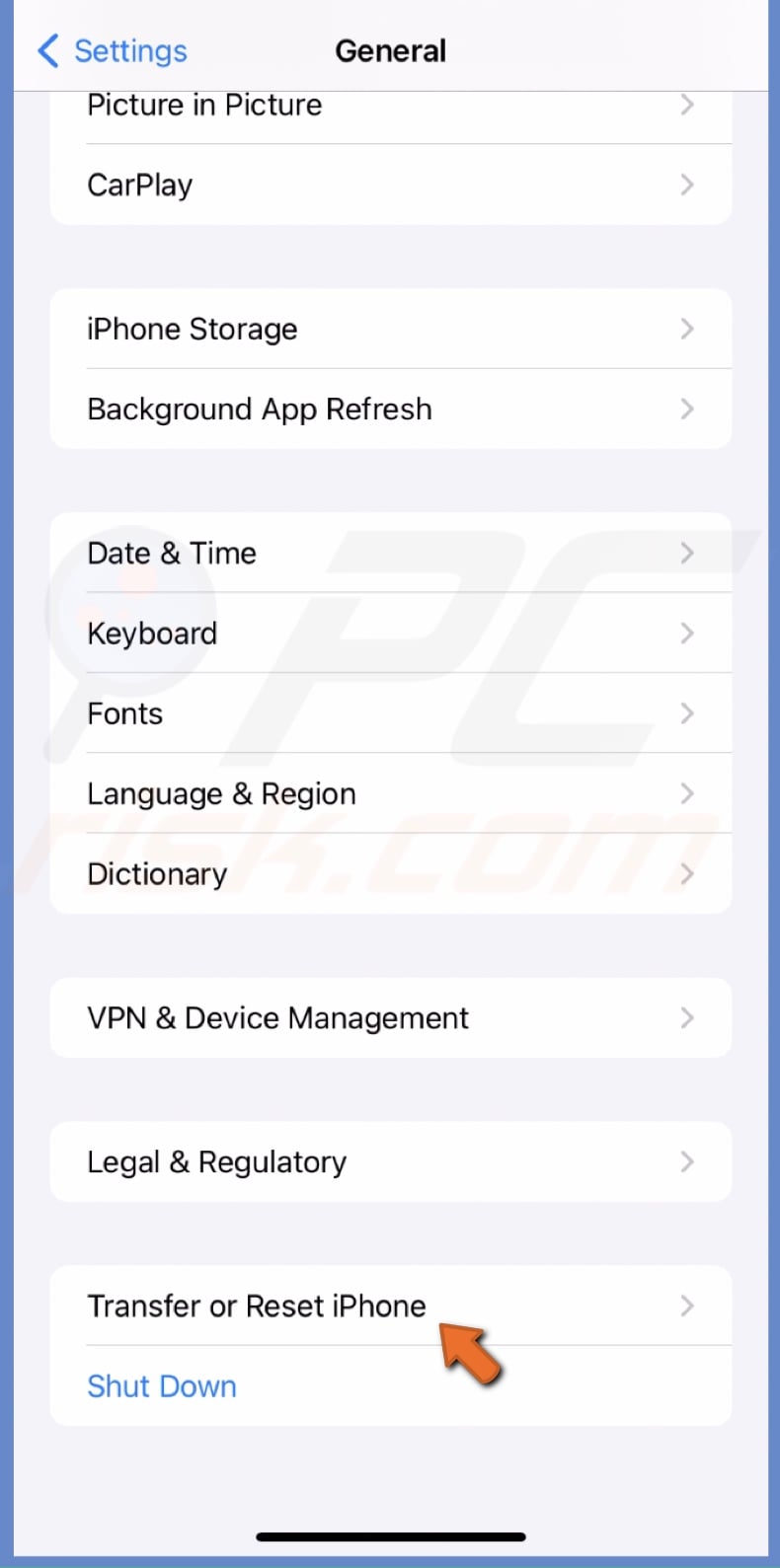 Tap Transfer or Reset iPhone