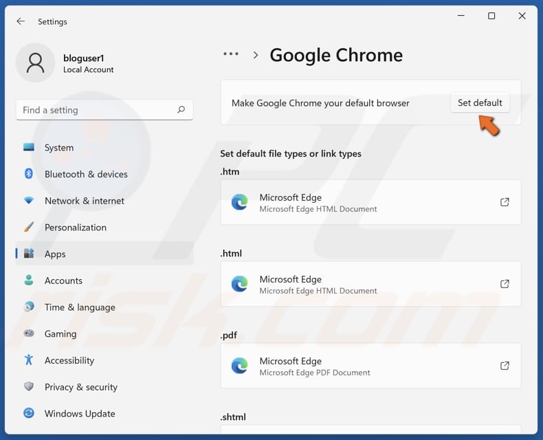 Click Set default next to your preferred browser