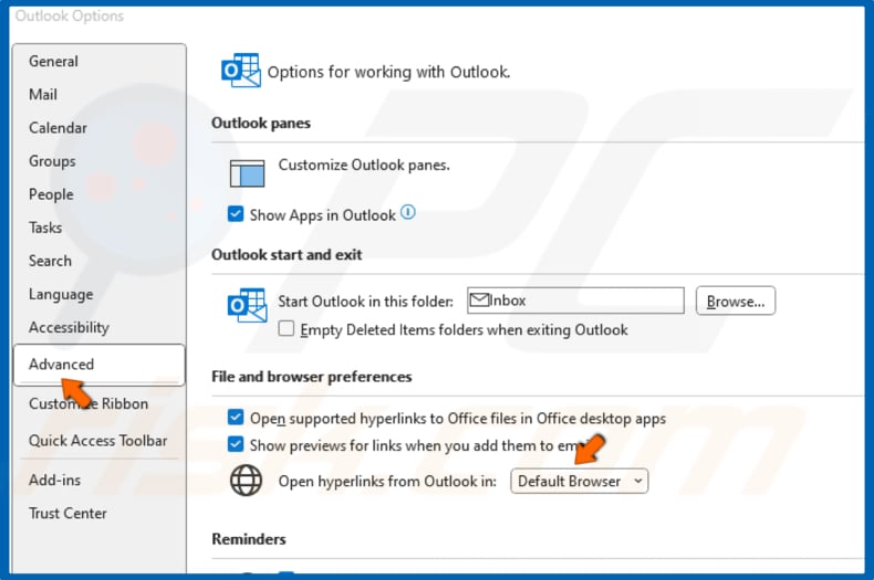 Select the Advanced panel, open the drop-down menu in Link Handling section and select Default Browser