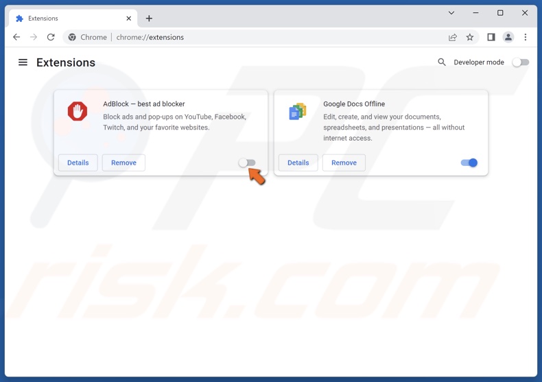 Toogle the slider next to an extension to disable it
