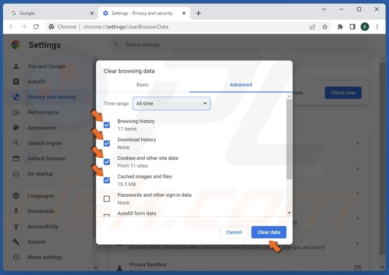 Mark the Browsing history, Download history, Cookies and other site data, and Cached images and files checkboxes and click Clear data