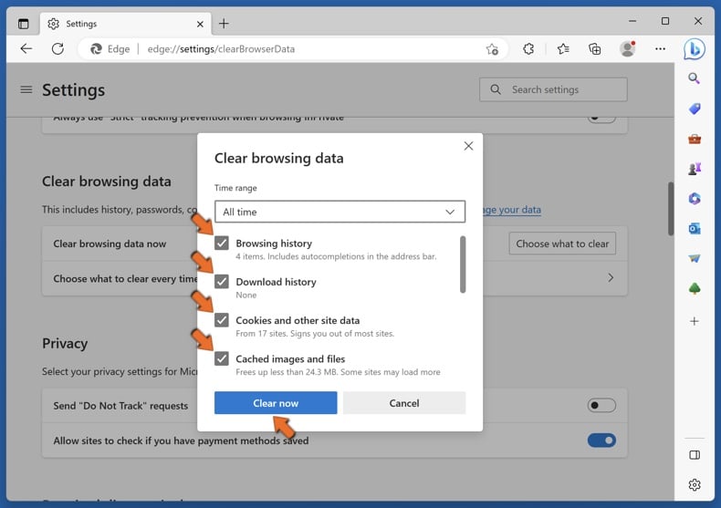 Mark the Browsing history, Download history, Cookies and other site data, and Cached images and files checkboxes and click Clear now