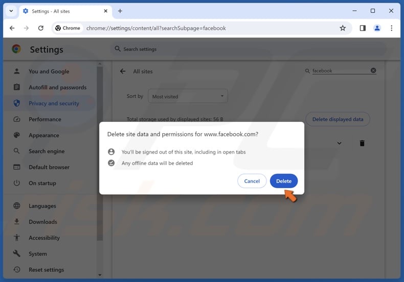 Click Delete when prompted