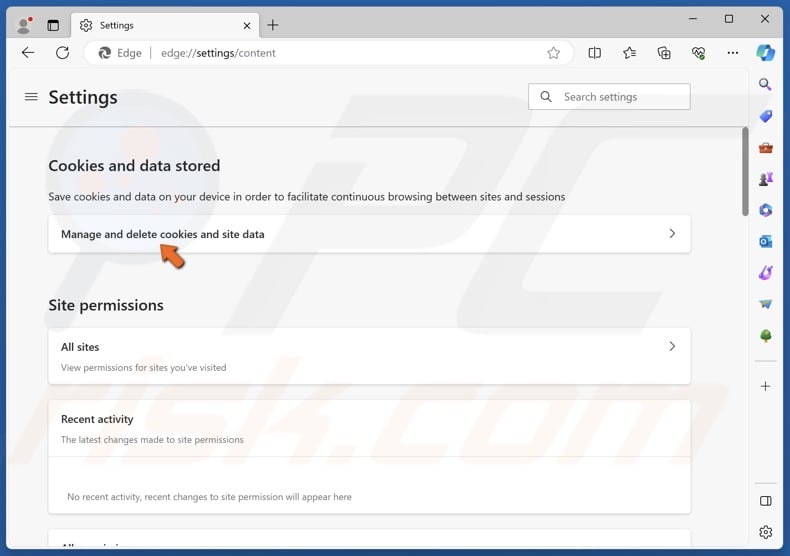 Click Manage and delete cookies and site data
