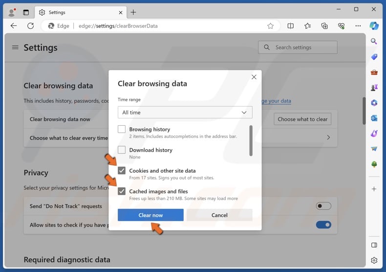 Cookies and other site data and Cached images and files and click Clear now