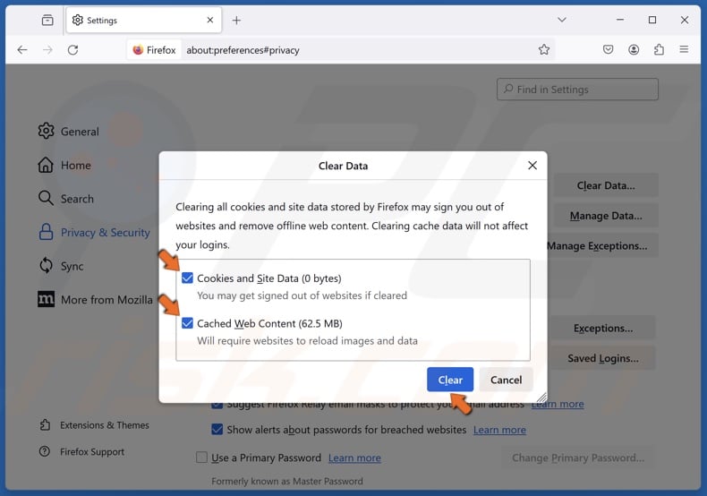 Mark Cookies and Site Data and Cached Web Content and click Clear
