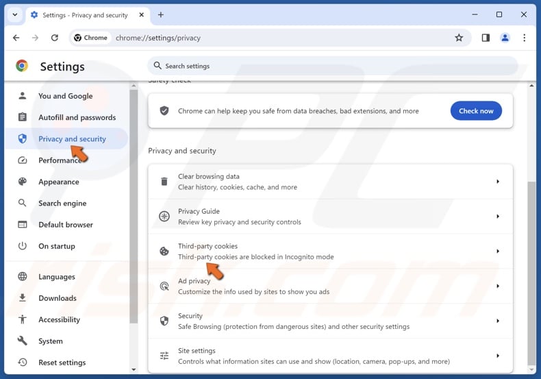 Select the Privacy and security panel